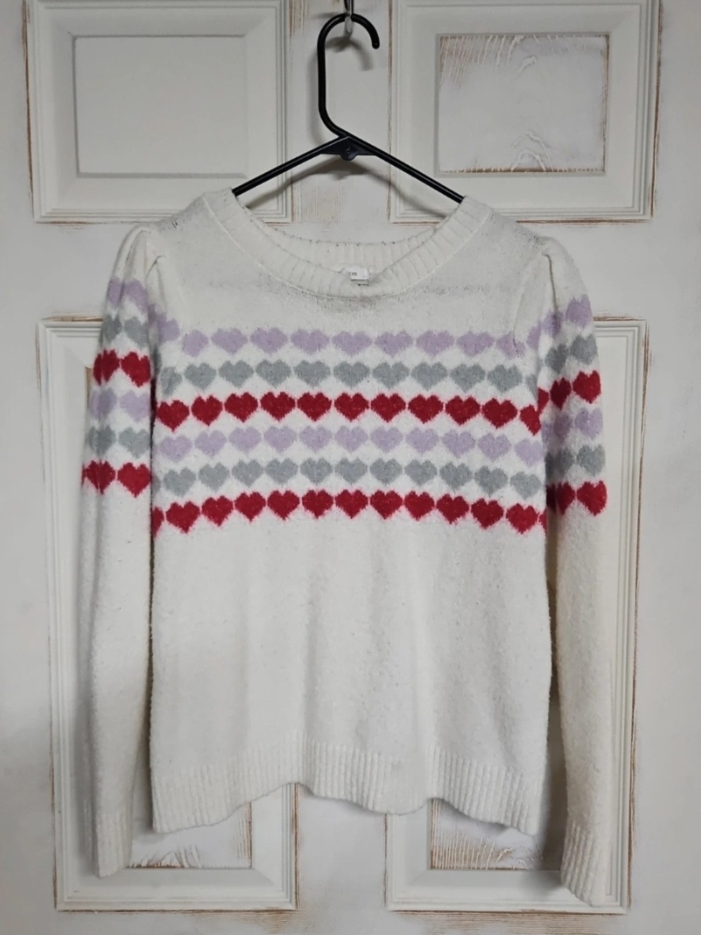 Maurices White Crewneck Sweater with Red, Gray & Light Purple Hearts